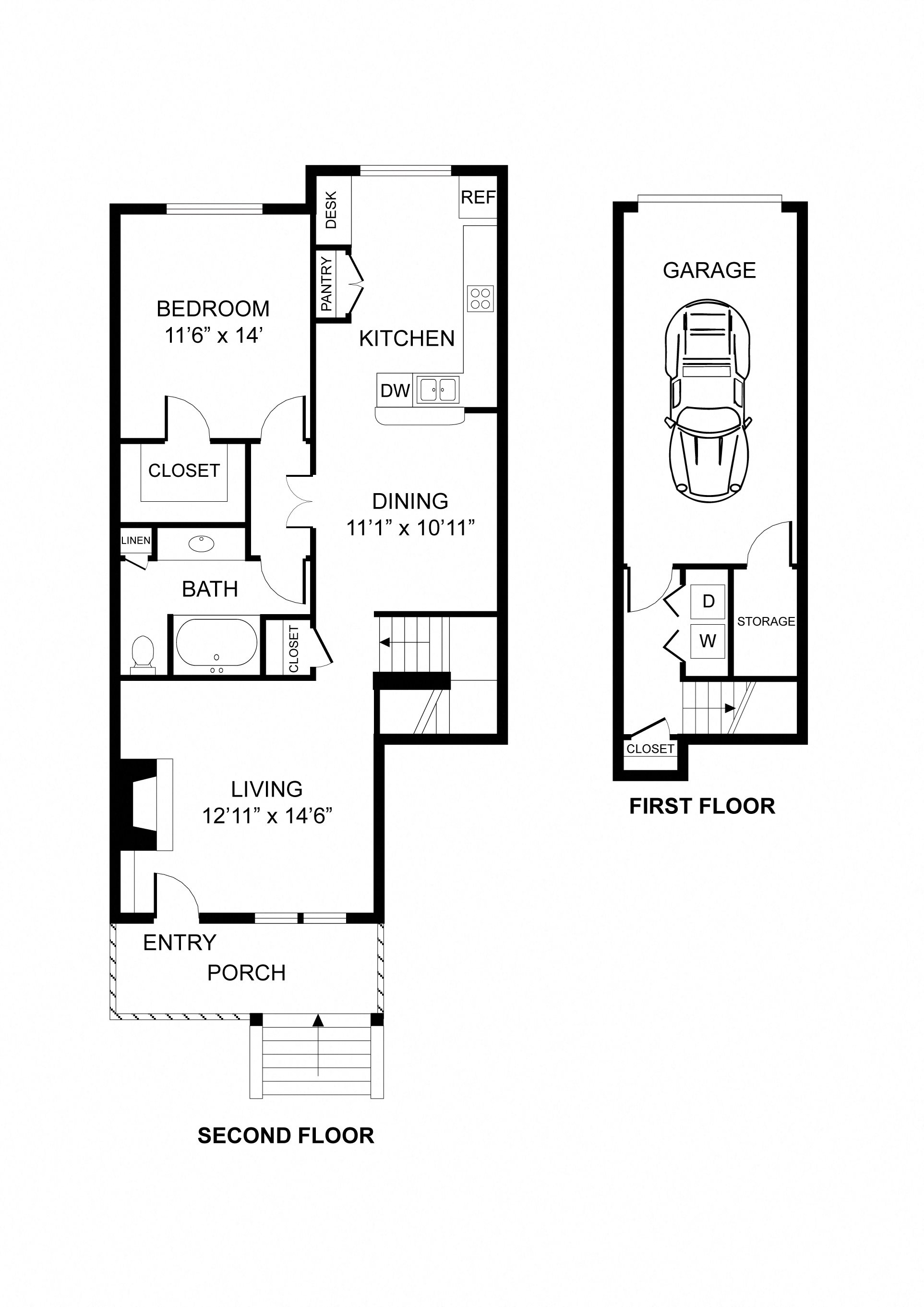 One bedroom, one bathroom, townhome,THE VILLANOVA floor plan, 904 square feet. One bedroom, one bathroom, townhome, walk-in closet, laundry room, hvac room, pantry, living room, kitchen THE VILLANOVA floor plan, 904 square feet.