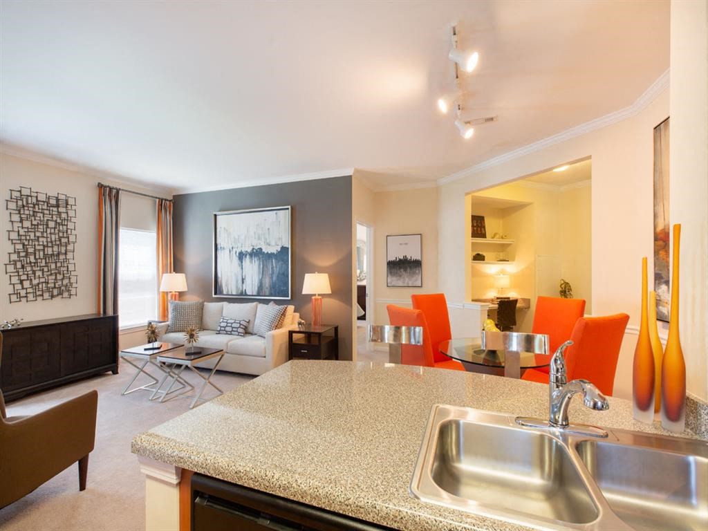 a living room with a sink and a kitchen