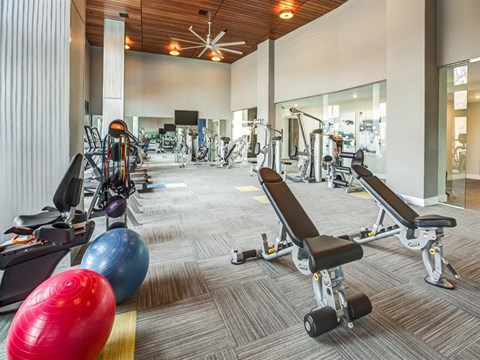 a gym with weights and other exercise equipment in a building