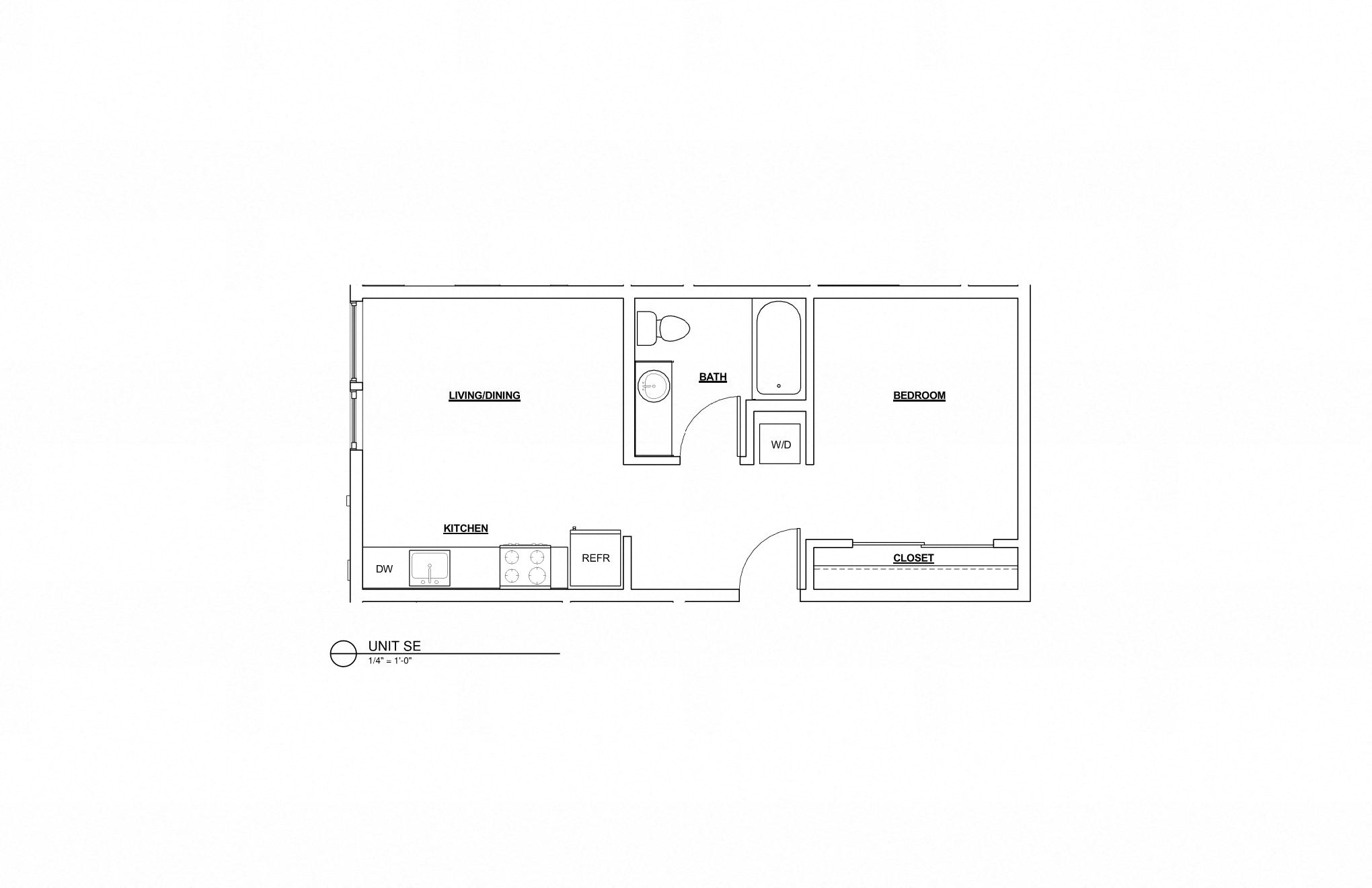 Jr. 1 bed 1 bath, 561 sq. ft.  (units # 210, 310, 410)