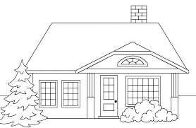 a black and white drawing of a house with a tree