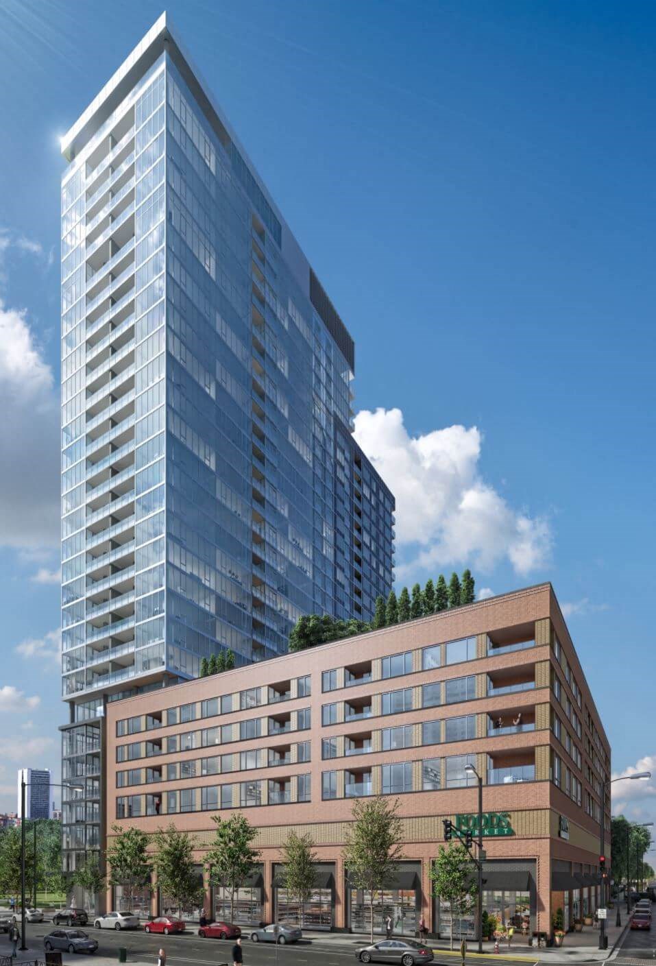 a rendering of a tall tower and a building on a city street