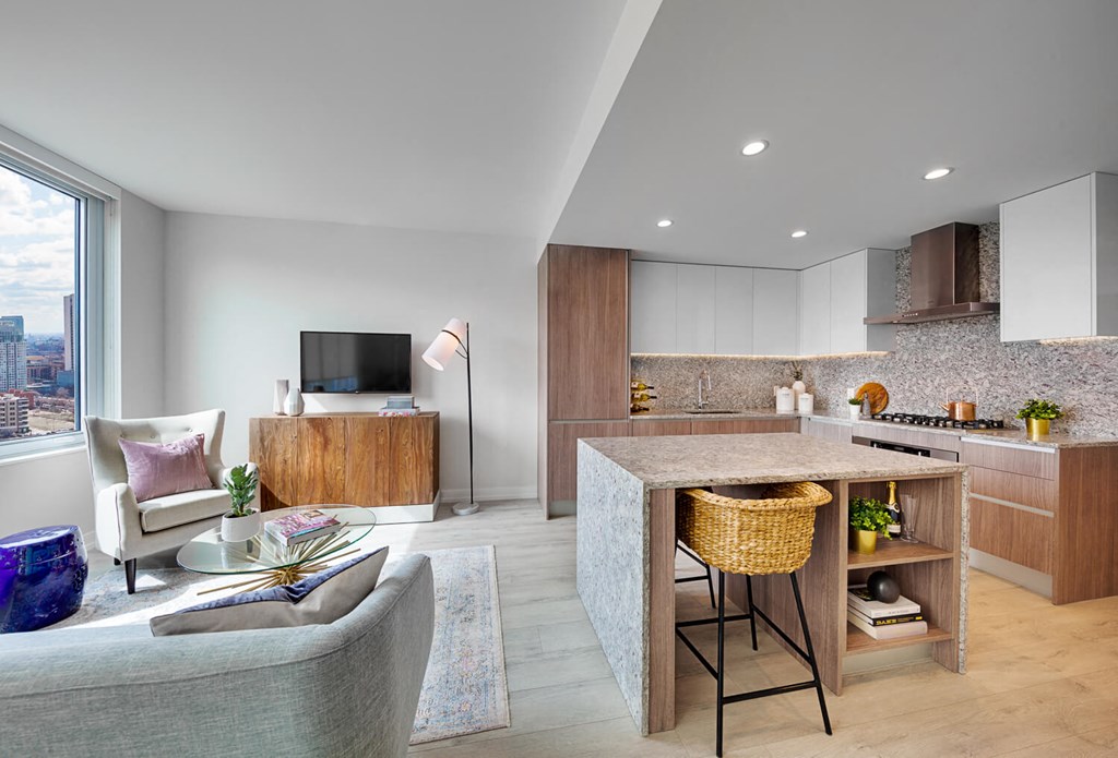 a rendering of a kitchen and living room in an apartment