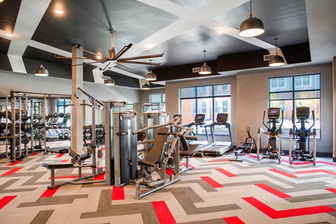 a gym with weights and cardio machines and a ceiling fan