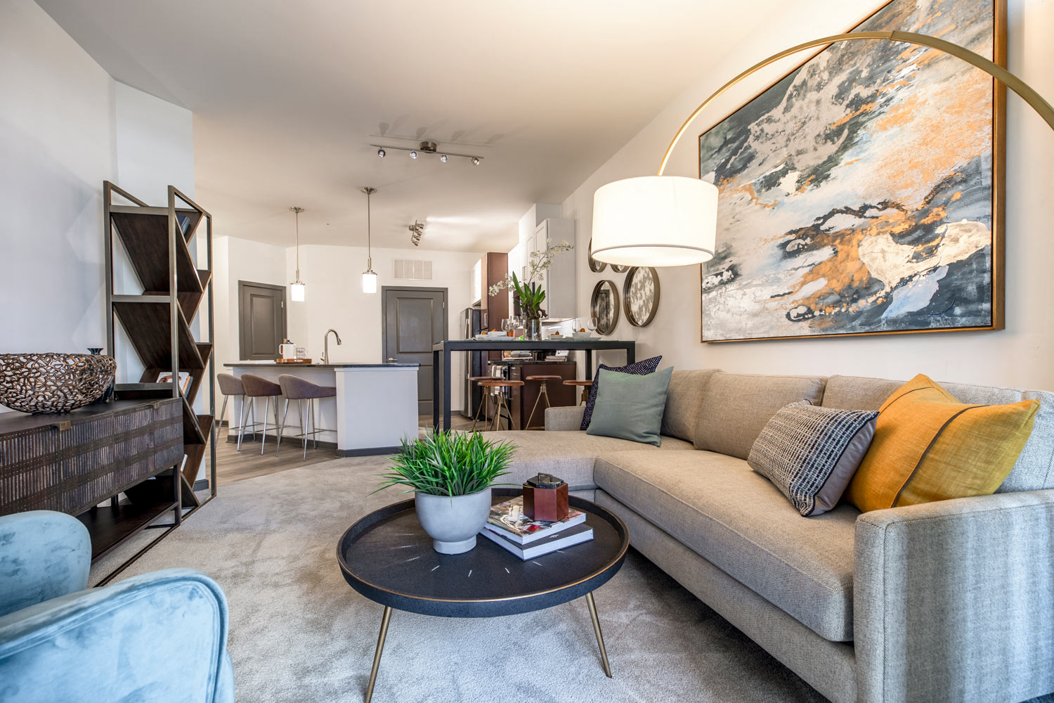 a living room with a couch and a coffee table