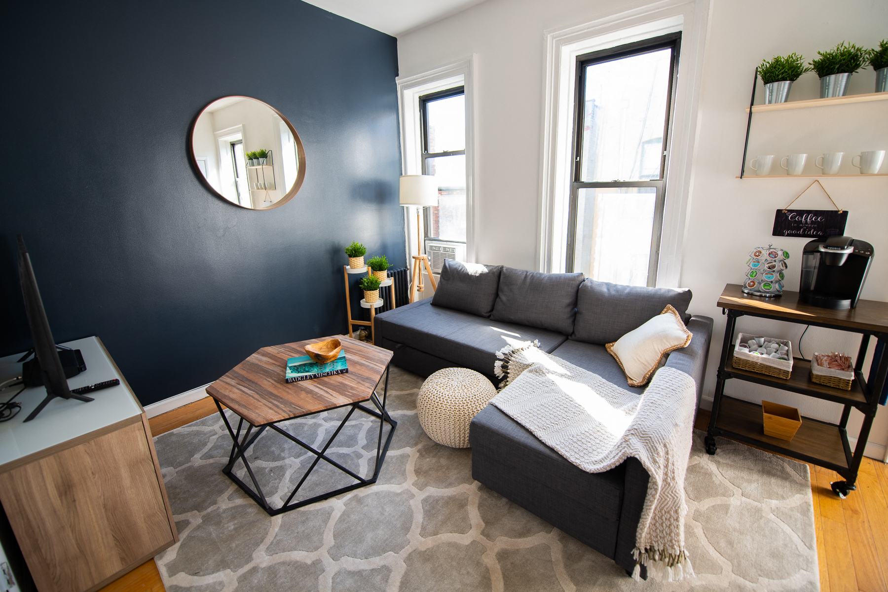 a living room with a couch and a coffee table