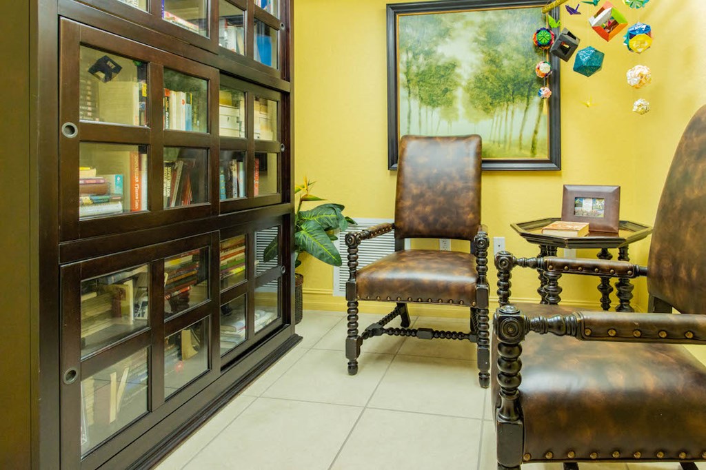 fully-stocked library with seating