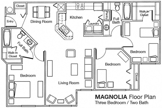 3 Bed 2 Bath Floor Plan