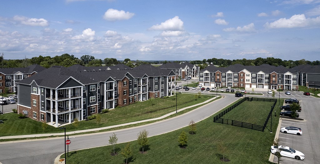 an aerial view of a row of houses on a street