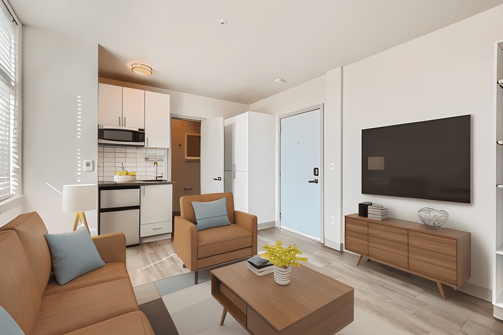 a rendering of a living room with a tv and a kitchen