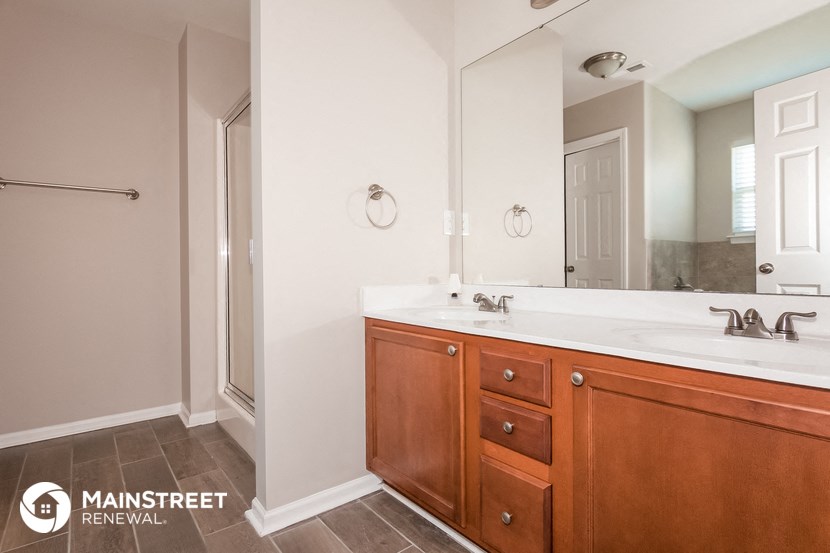 a bathroom with a sink and a mirror and a shower