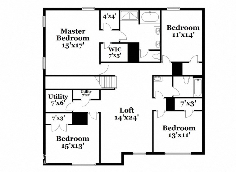 a floor plan of a house with a combination of bedrooms and baths