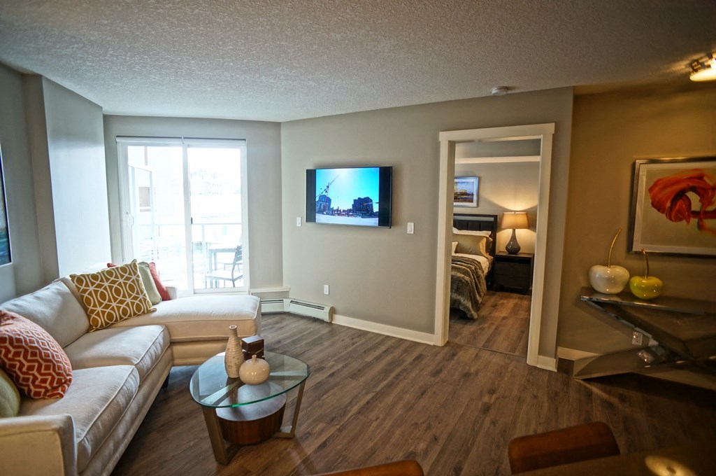 a living room with a couch and a table