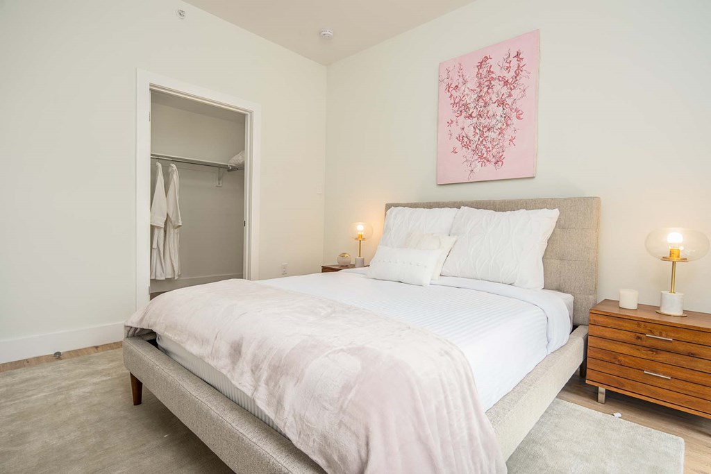 a bedroom with a bed and a closet