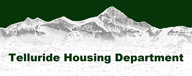 A mountain range is depicted in a faded white against a green background with the words "Telluride Housing Department" written across the top.