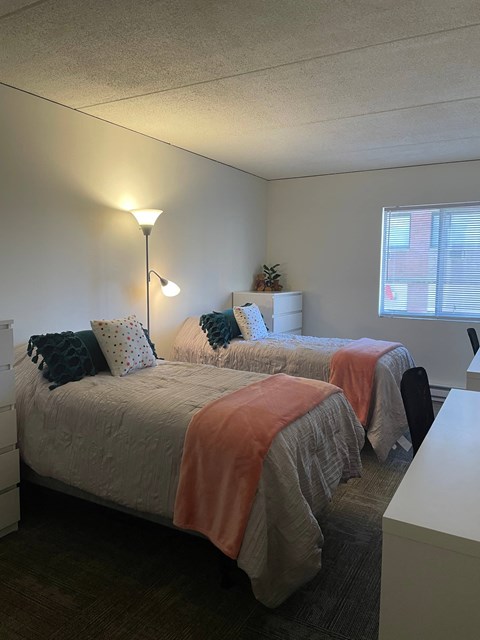 Two twin beds with pillows and blankets in a room.
