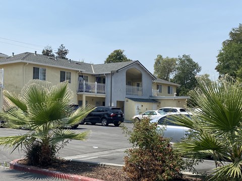 an apartment building with a parking lot and palm trees