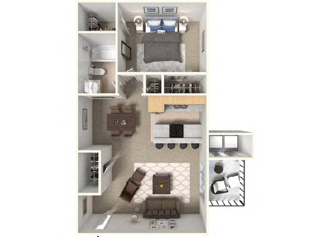 Apartments for Rent in Irving, Texas 1 bedroom, 1 bathroom, closet, kitchen, living room, dining space, and private patio or balcony (718 sqft)