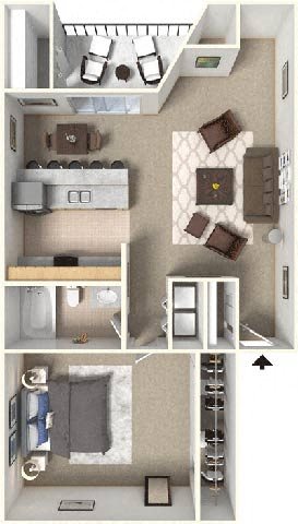 Aparments for Rent in Irving, Texas 1 bedroom, 1 bathroom with closet, kitchen, living room, small dining space, and private patio or balcony (732 sqft)