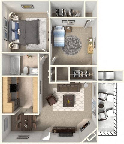 Apartments for Rent in Irving, Texas 2 bedroom, 1 bathroom, 2 closets, kitchen, living room, dining space, and private patio or balcony (858 sqft)