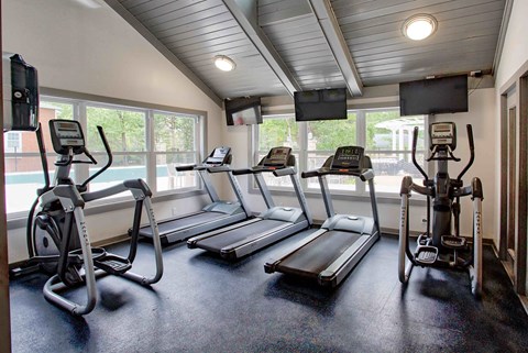 a gym with cardio equipment and large windows