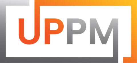 The image features the letters U, P, P, and M in different sizes and colors.