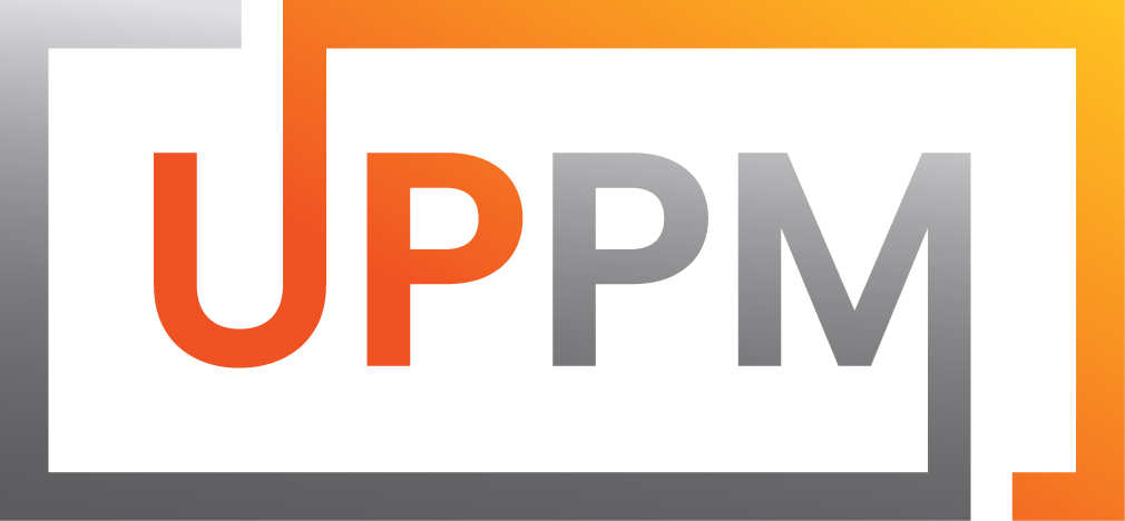 the upm logo is shown in an orange and white rectangle