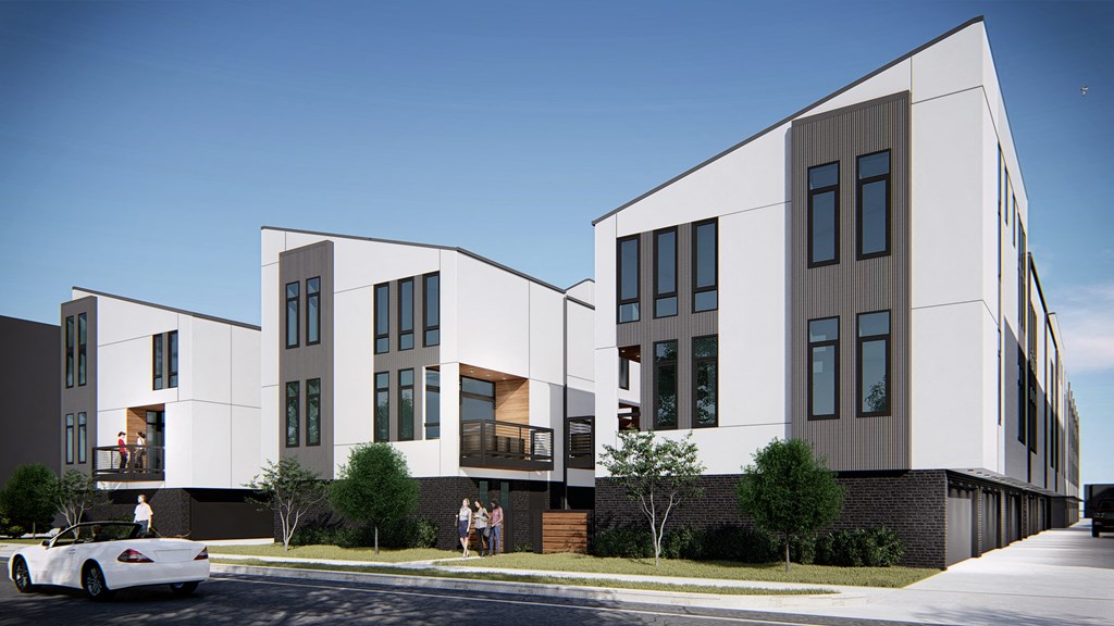a rendering of a group of houses on a city street