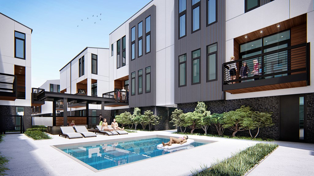 a rendering of an apartment building with a pool