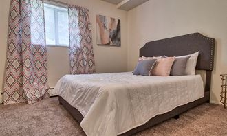 a bedroom with a large bed and a window