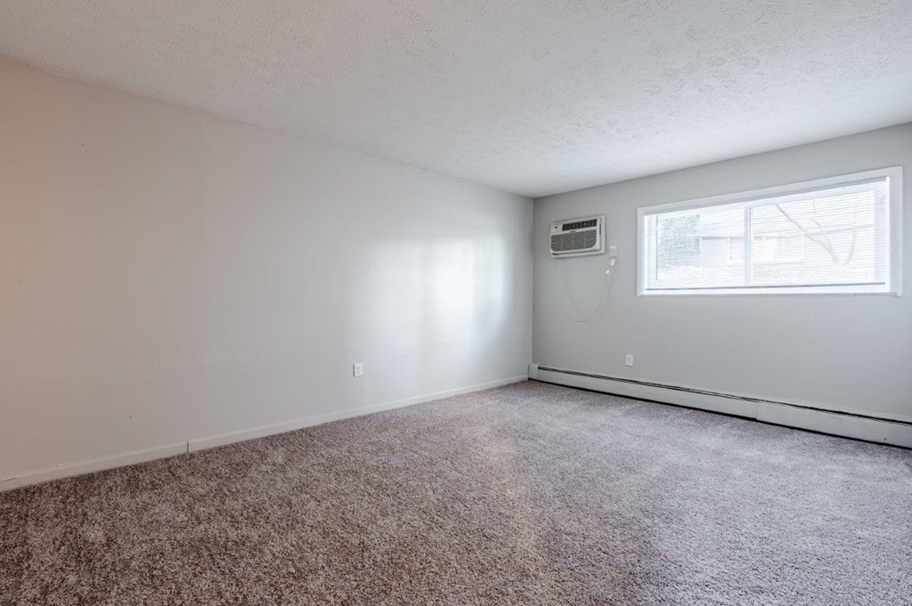 A room with a window and a carpeted floor.