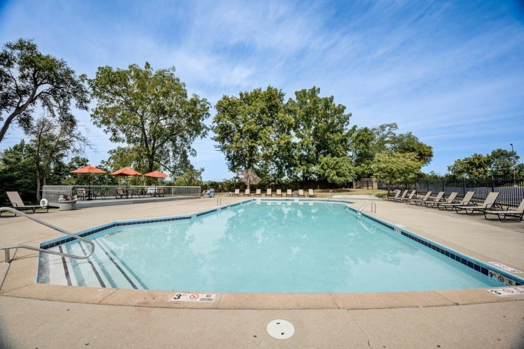 A large outdoor swimming pool surrounded by trees and lounge chairs.