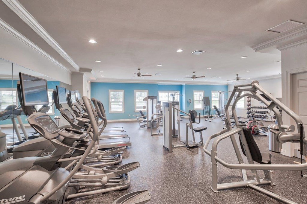 a gym with a lot of cardio equipment and weights