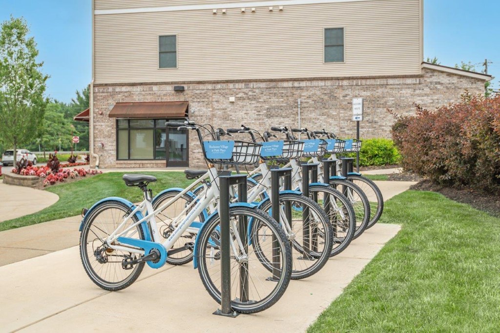 a row of bikes parked in front of a building