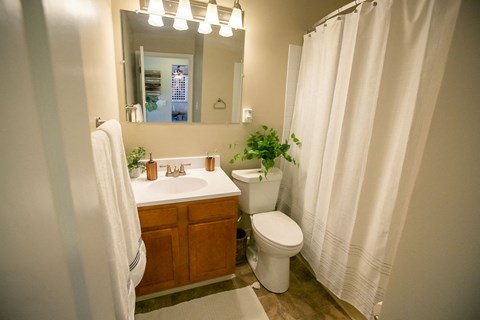 a bathroom with a white shower curtain and a toilet and a sink