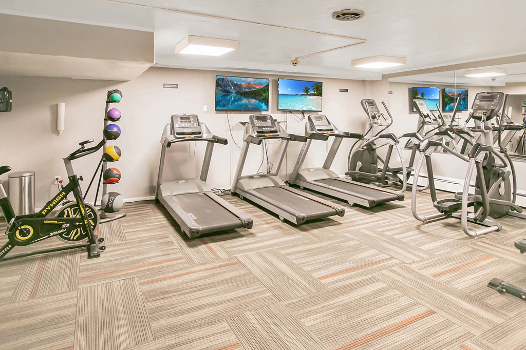 a gym with cardio equipment and exercise bikes