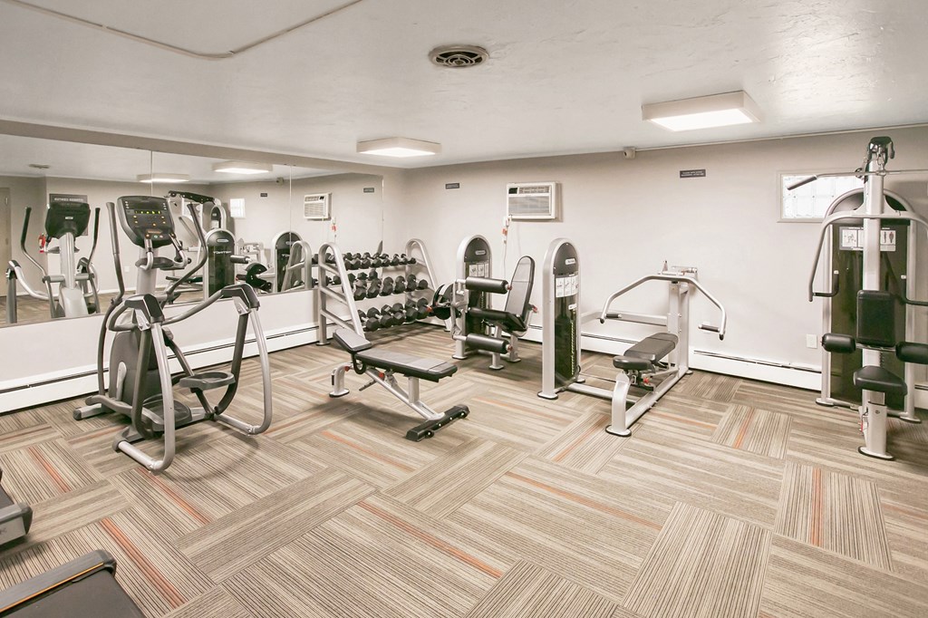 a gym with weights and cardio equipment in a building