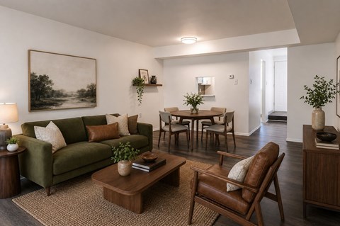 A living room with a green couch, brown chair, and a painting on the wall.