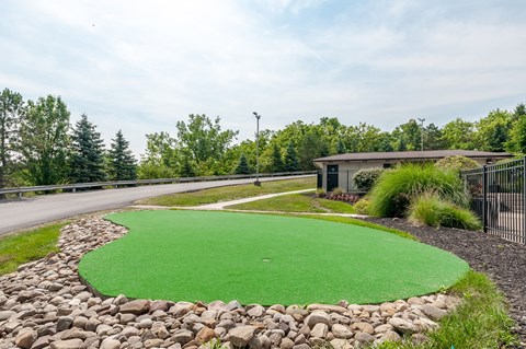 a putting green in front of a house with a road