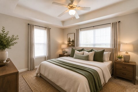 A bedroom with a large bed and a ceiling fan.