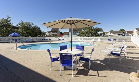 an umbrella over a table and chairs next to a swimming pool