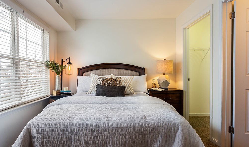 a bedroom with a bed and a window