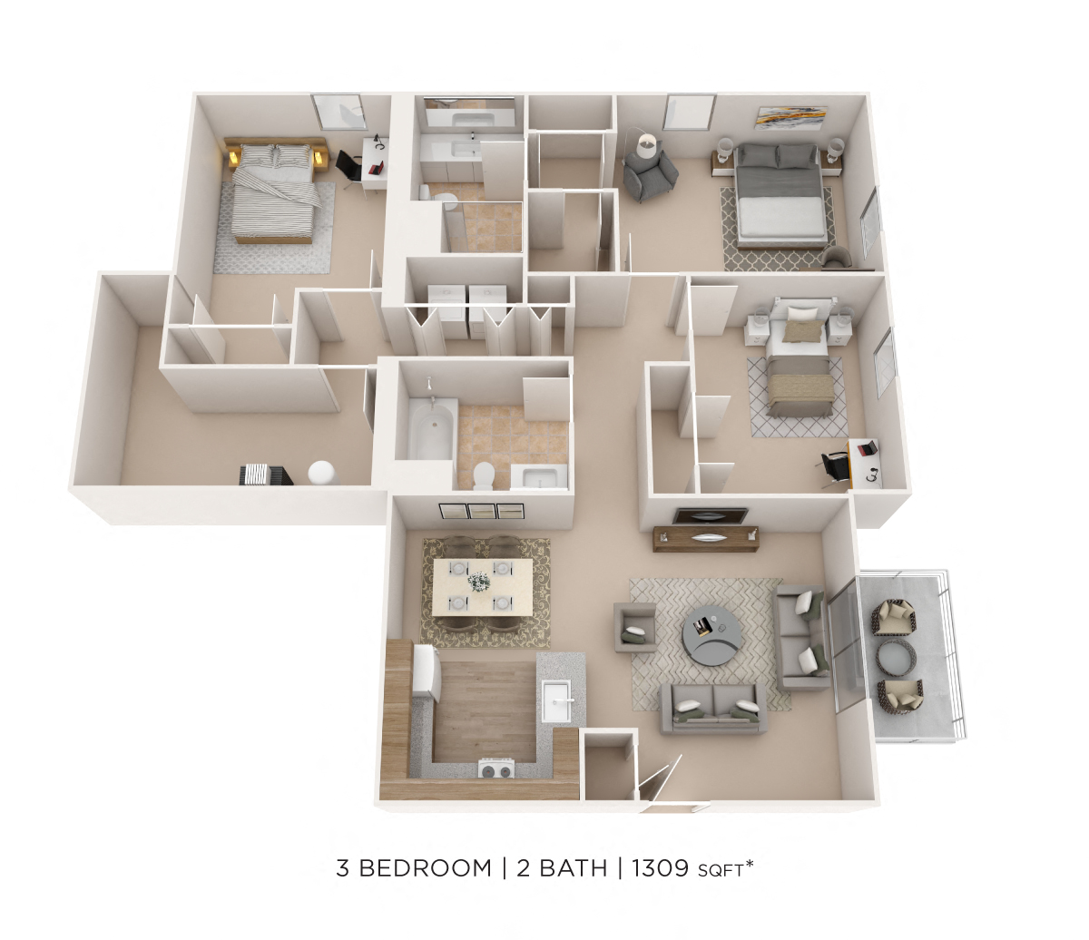 Three Bedroom 2 Bath- 1,309 sqft