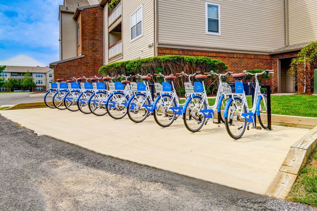 a row of blue bikes parked in front of a building