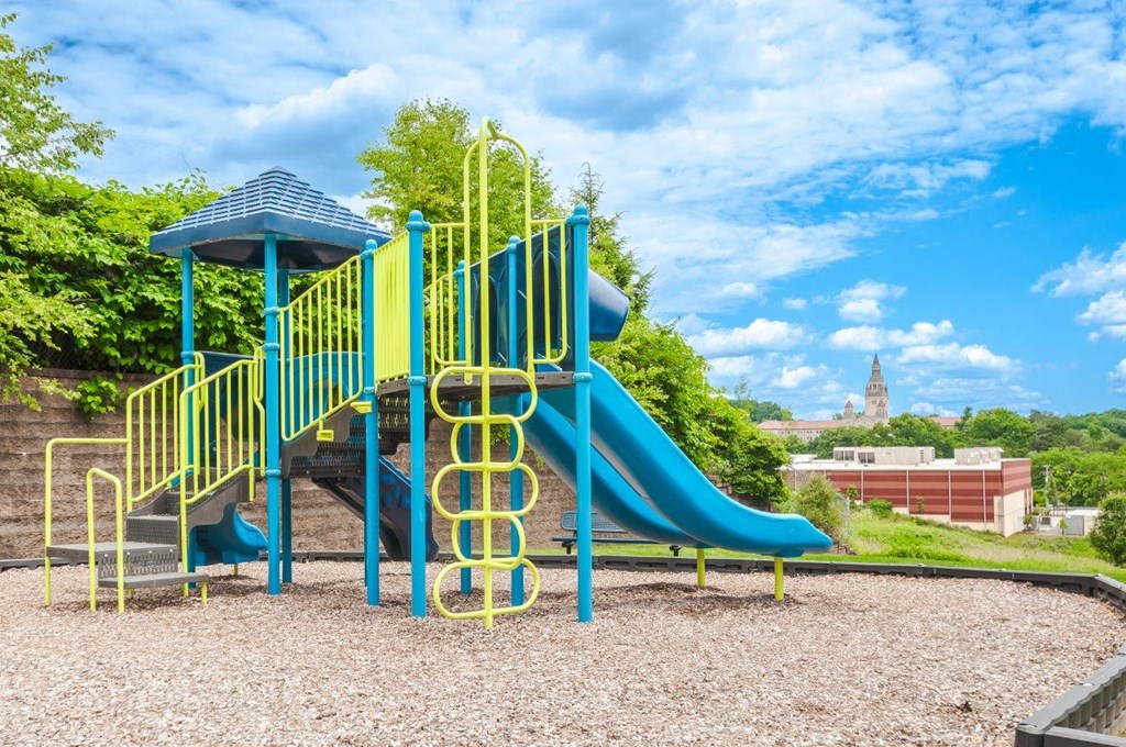 a playground with a blue slide in a park