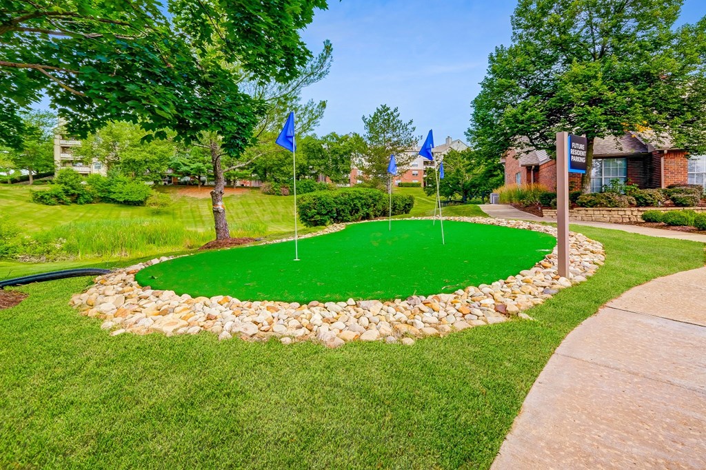 a mini golf course in a yard with flags