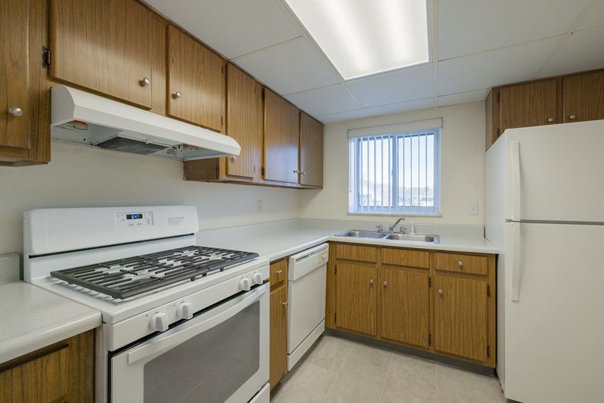 a kitchen with white appliances and wooden cabinets and a window