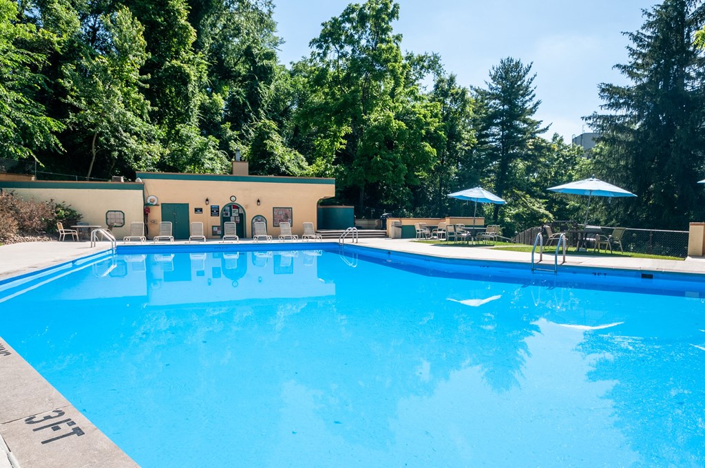 a swimming pool with trees in the background