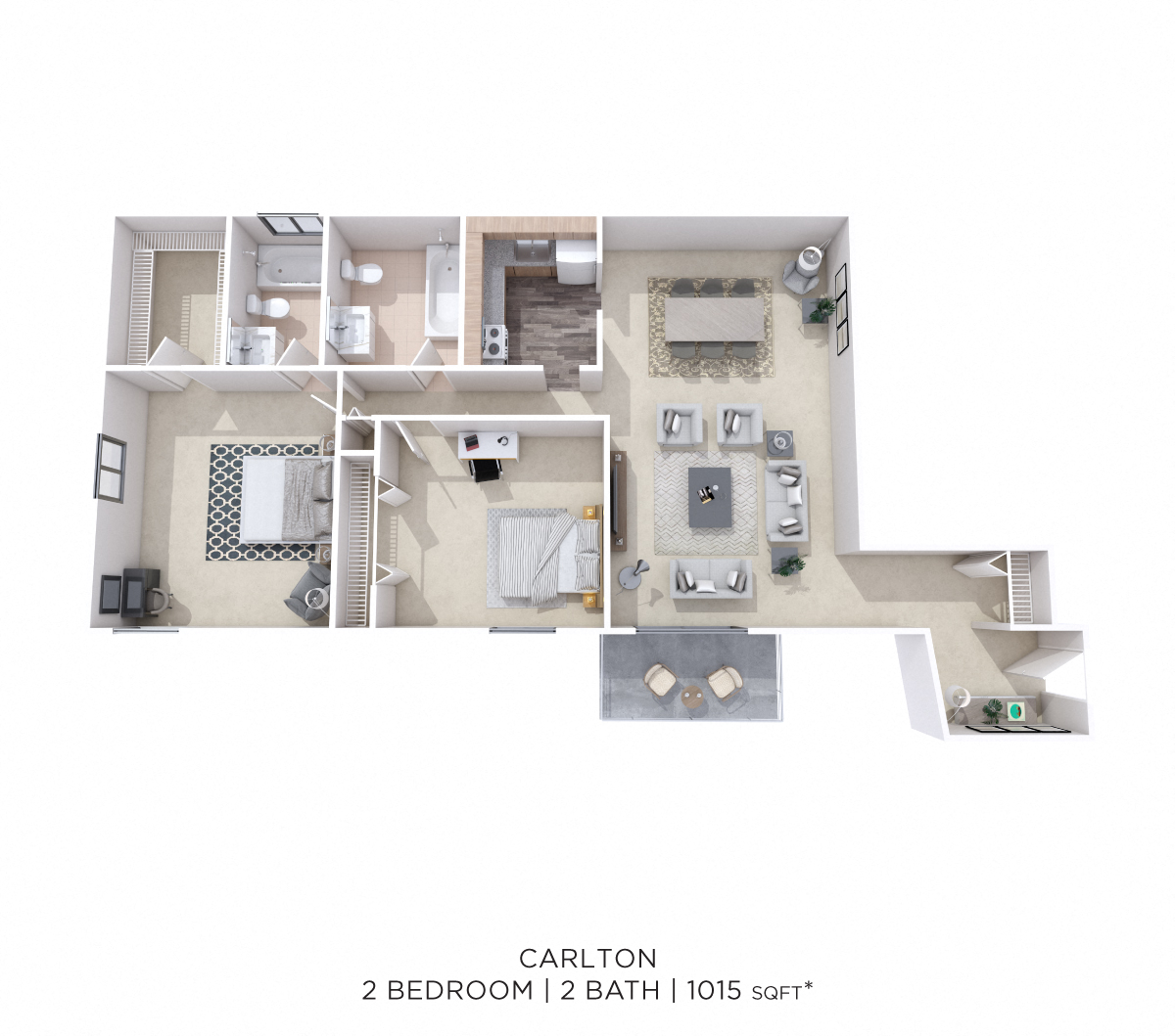 Two Bedroom 2 Bath- 1,015 sqft