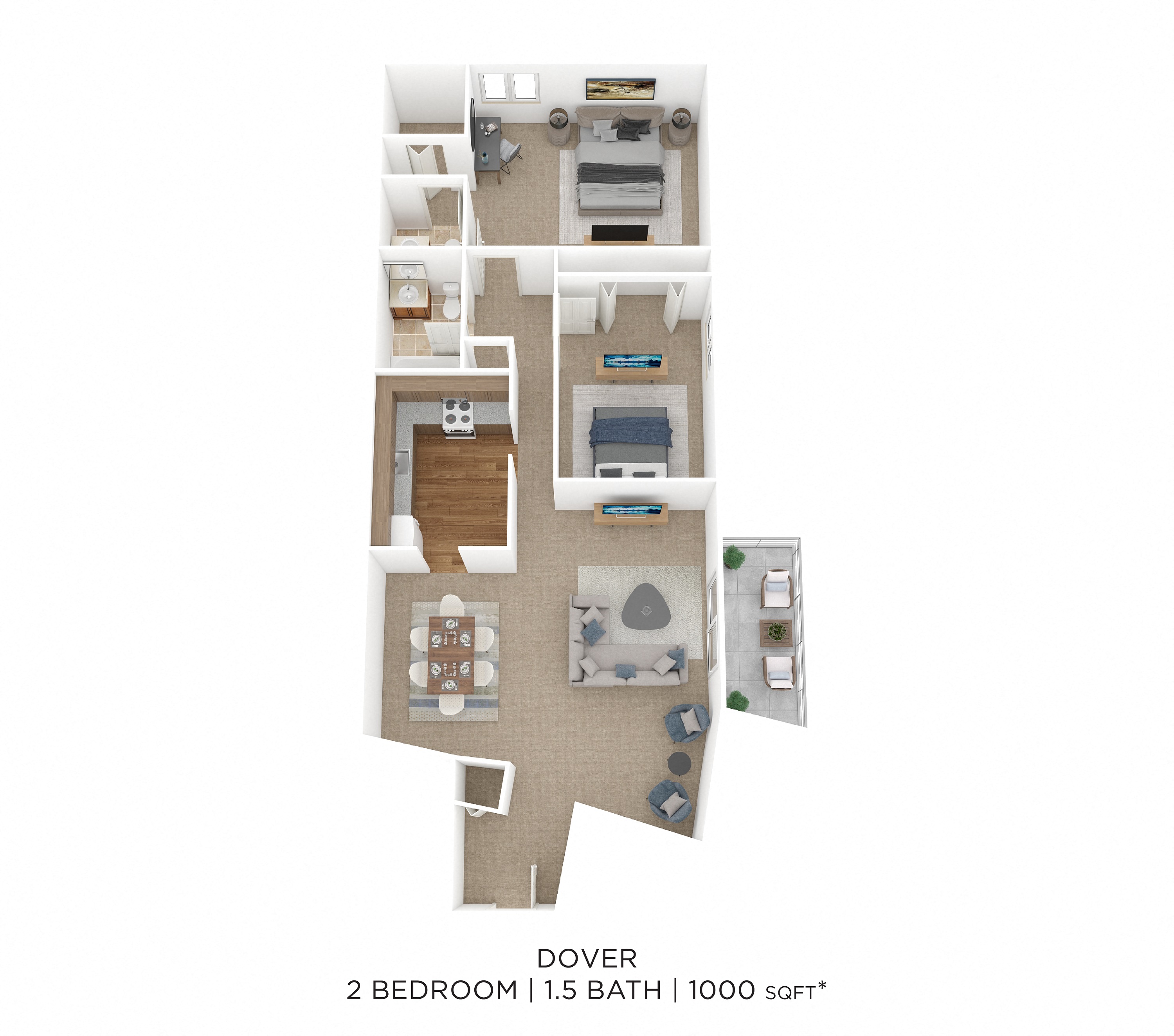 Two Bedroom 1.5 Bath-1,000 sqft
